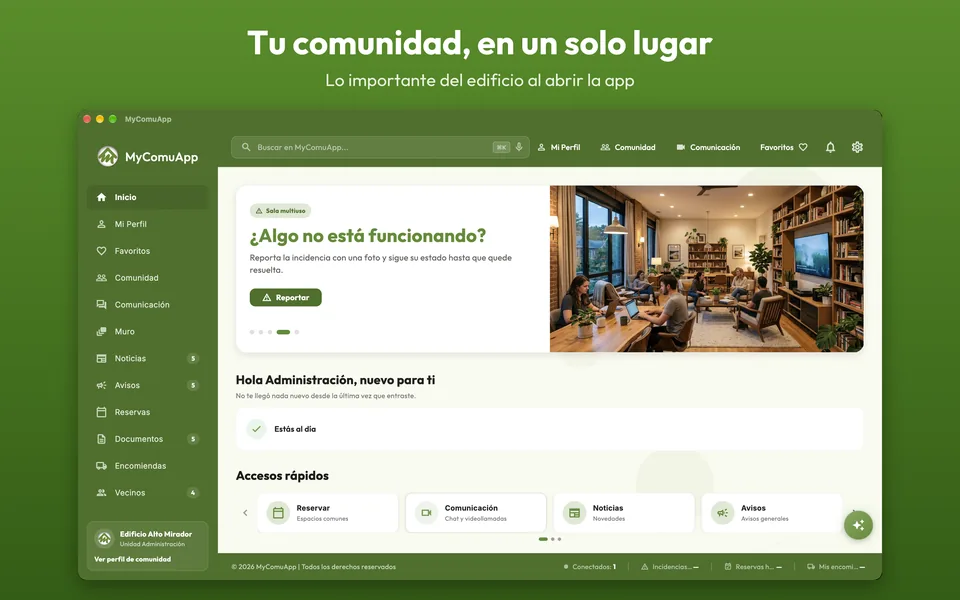 Inicio: lo importante del edificio al abrir la app