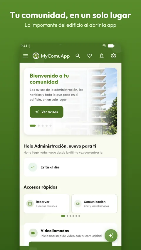 Inicio: lo importante del edificio al abrir la app