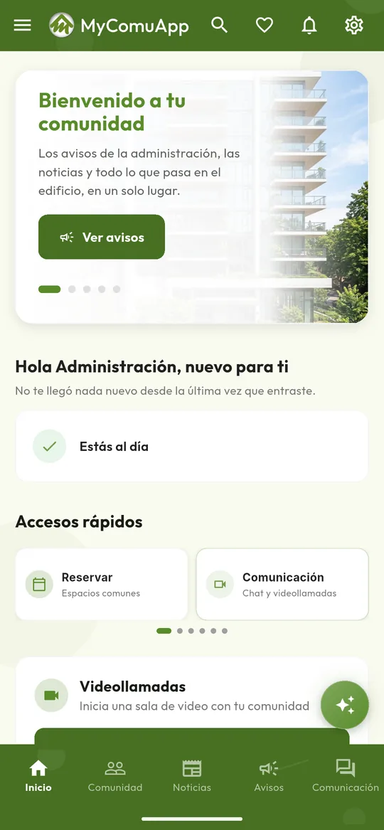 Inicio: lo importante del edificio al abrir la app