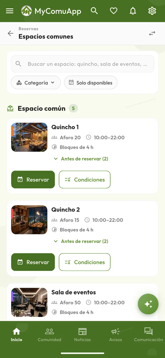 Reserva de espacios comunes